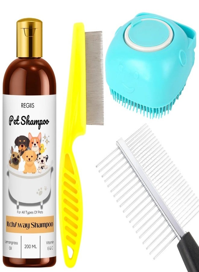 Regiis Pet Grooming Kit with Itch Away Shampoo, Silicone Massage Brush, Metal Comb, Yellow Flea Comb, 200ml Lemongrass Oil Formula for Dogs, Cats(PACK OF 4) - Image 1